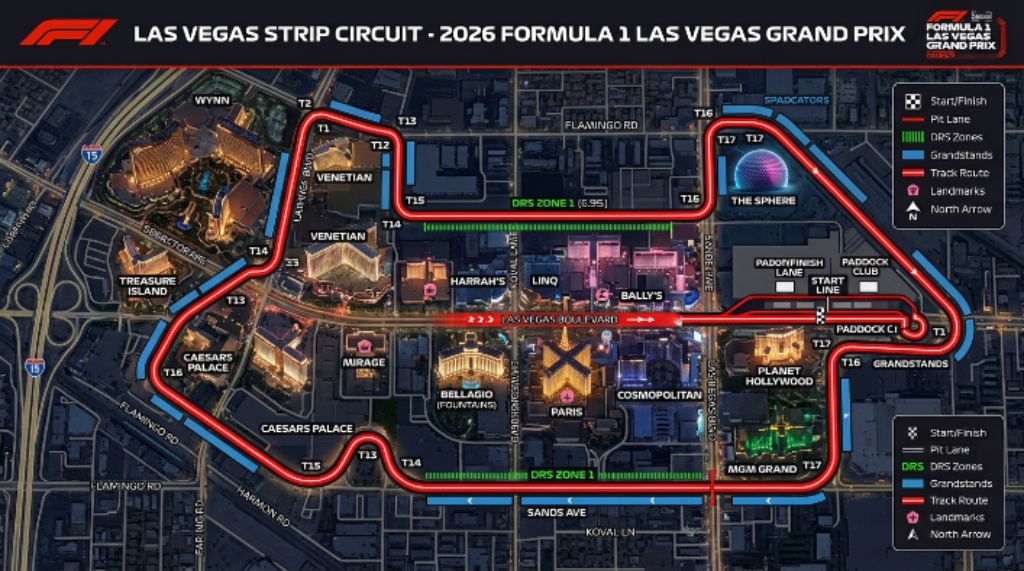 Las Vegas Strip Circuit map showing the 2026 Formula 1 race route through the resort corridor
