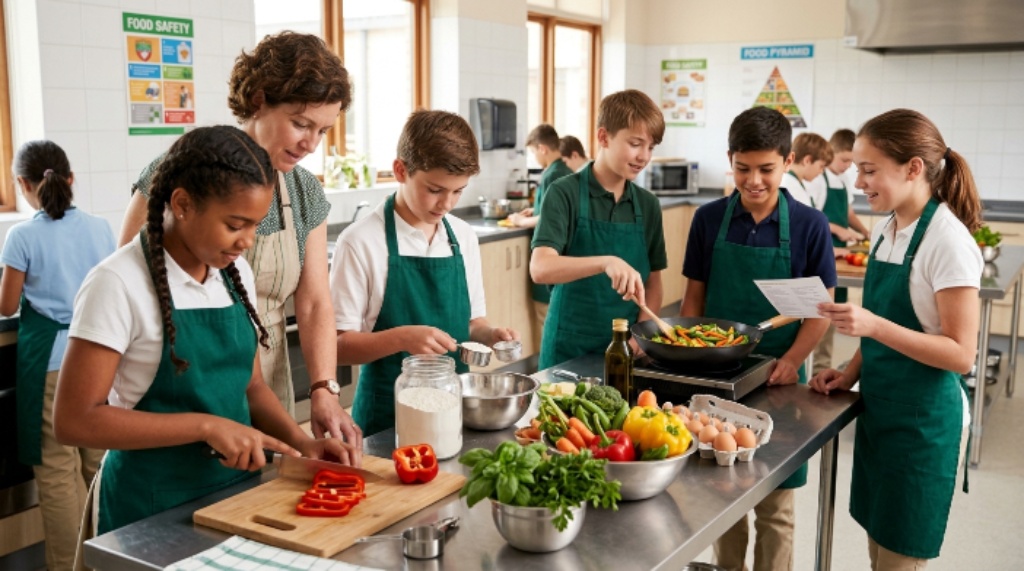 School cooking club members learning basic cooking skills with fresh ingredients