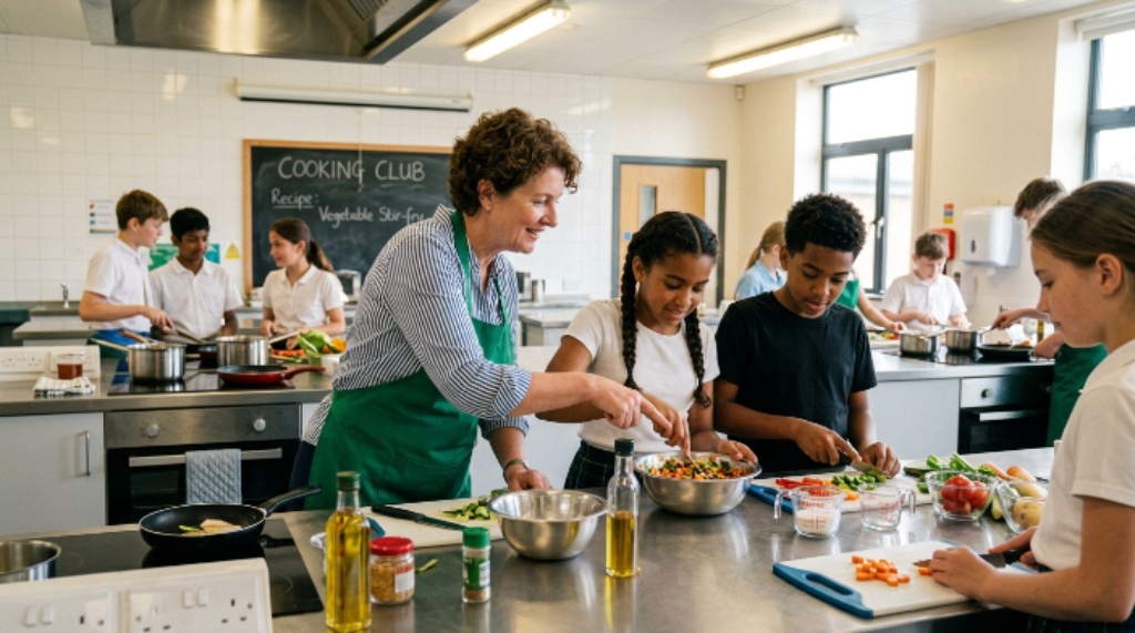 Teacher guiding students in a school kitchen during a cooking club activity