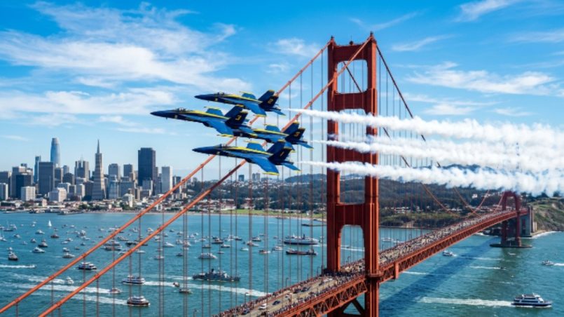 Blue Angels jets flying near the Golden Gate Bridge during Fleet Week