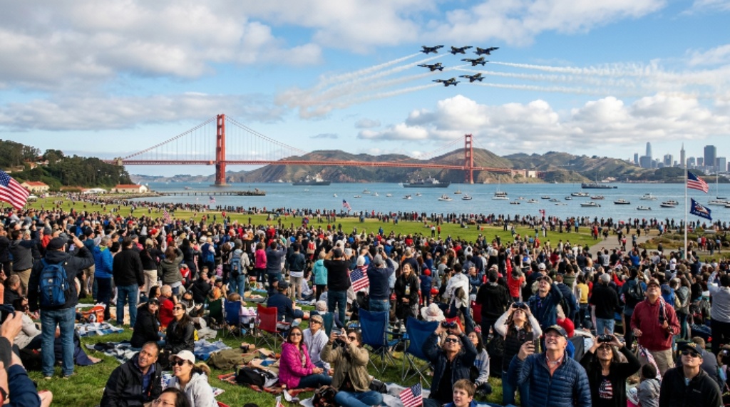 Crowd watching the Fleet Week air show from Crissy Field