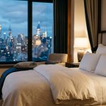 Plush white pillows arranged neatly on a luxury hotel bed in New York City.