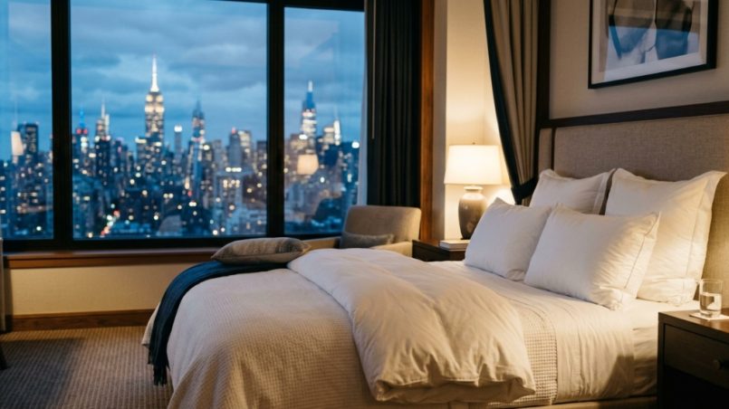 Plush white pillows arranged neatly on a luxury hotel bed in New York City.