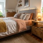 Wooden nightstand with a built-in USB port next to a cozy bed.