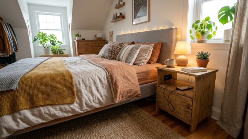 Wooden nightstand with a built-in USB port next to a cozy bed.