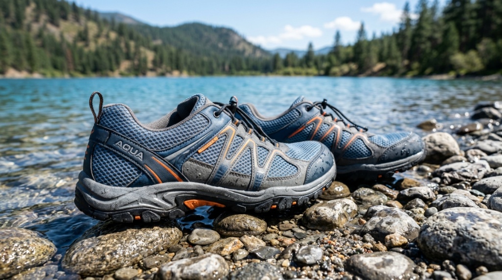 Hiker wearing grip-sole water shoes along a rocky lake shoreline.