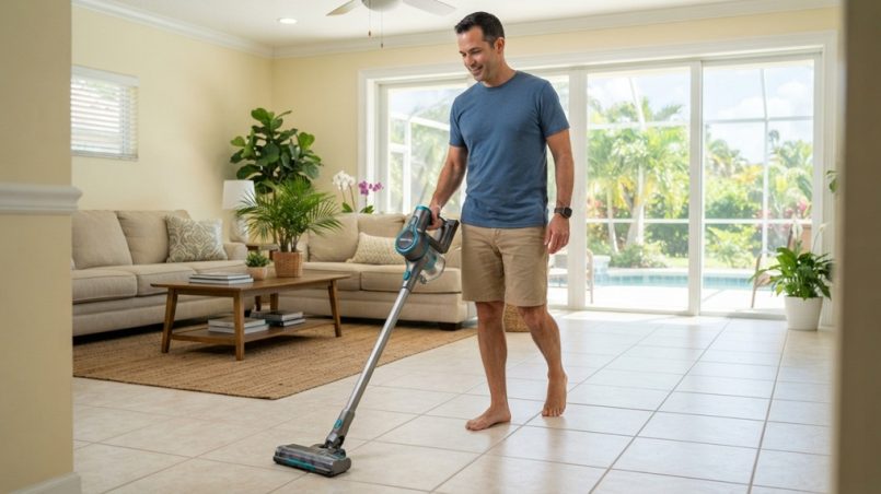Man using a budget cordless vacuum on bright tile floors in a Florida living room.