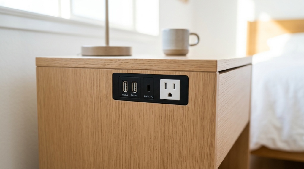 Close-up of integrated USB charging ports on a modern nightstand.