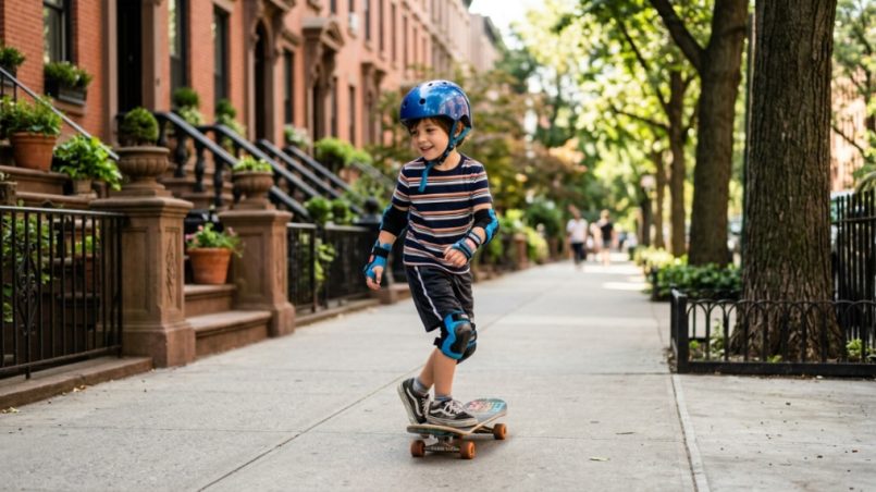 Child wearing safety gear skateboarding in NYC park.