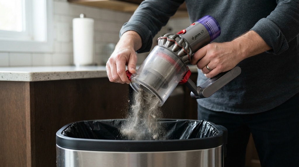 Man emptying debris from a compact cordless vacuum cleaner dust cup.