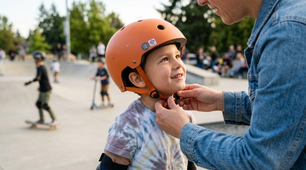 Parent adjusting helmet on child before skateboarding.