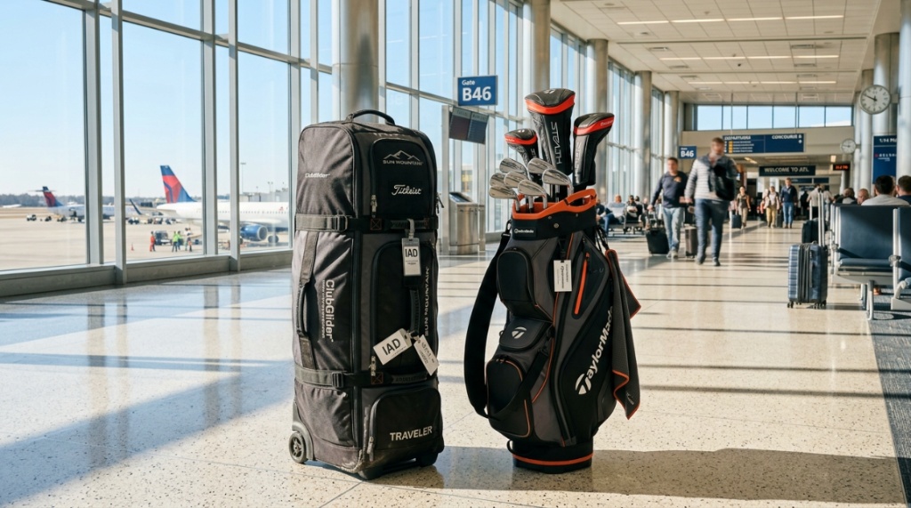 Traveler pulling a wheeled golf travel bag outdoors.