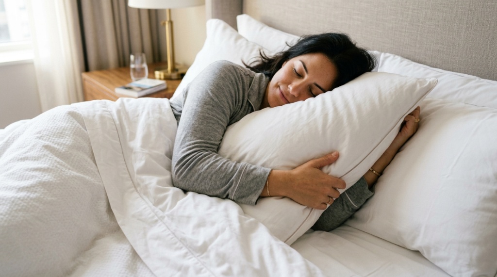 Person resting comfortably on a soft hotel pillow.
