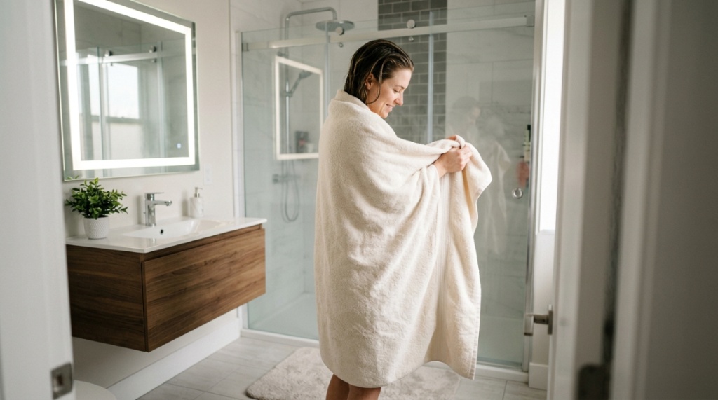 Woman drying off with a soft oversized bath sheet.