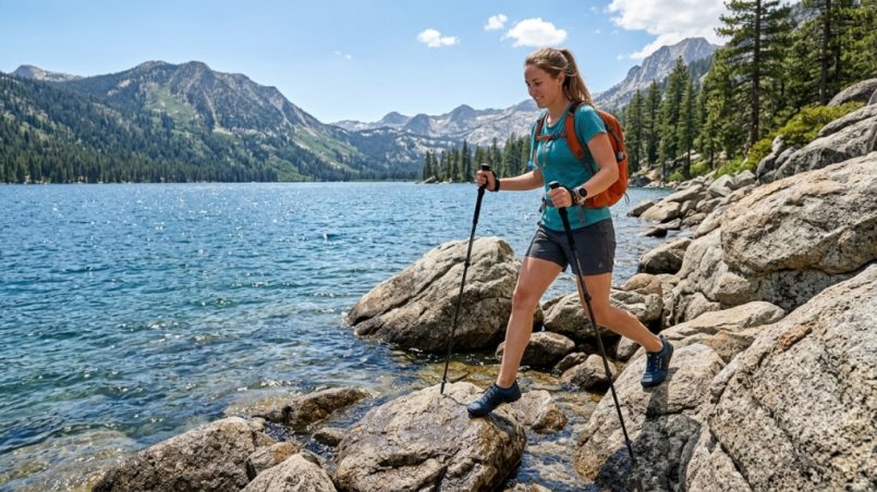 Lightweight mesh water shoes resting on wet rocks near a lake.