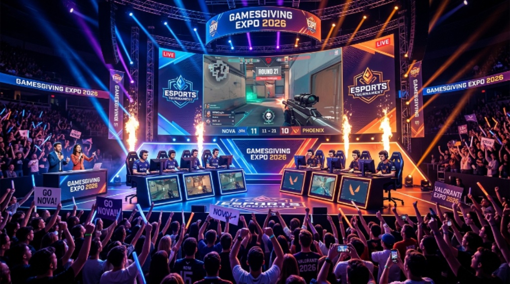 Live esports tournament stage with players competing at GamesGiving Expo 2026