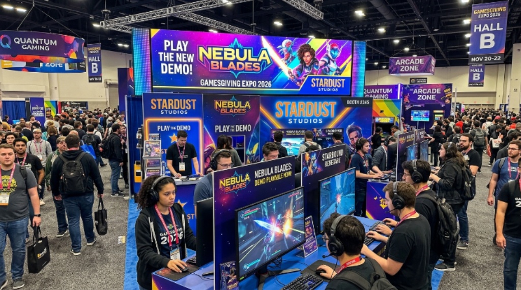 Colorful booth displays featuring new video game demos at GamesGiving Expo 2026