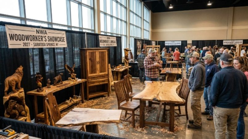 Woodworkers displaying handcrafted furniture and carvings at the NWA Woodworker's Showcase 2027 in Saratoga Springs, New York