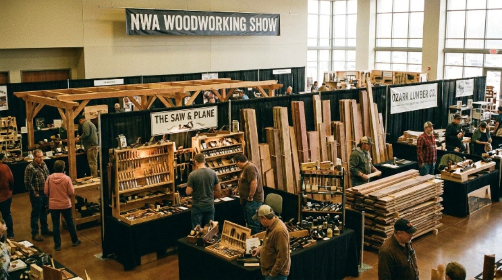 Vendor booths at the NWA Woodworking Show featuring hand tools, lumber, and woodworking supplies for sale