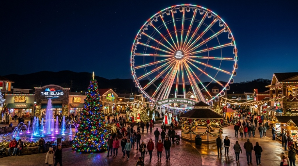 The Great Smoky Mountain Wheel lit up with holiday colors at The Island in Pigeon Forge during the Winterfest season