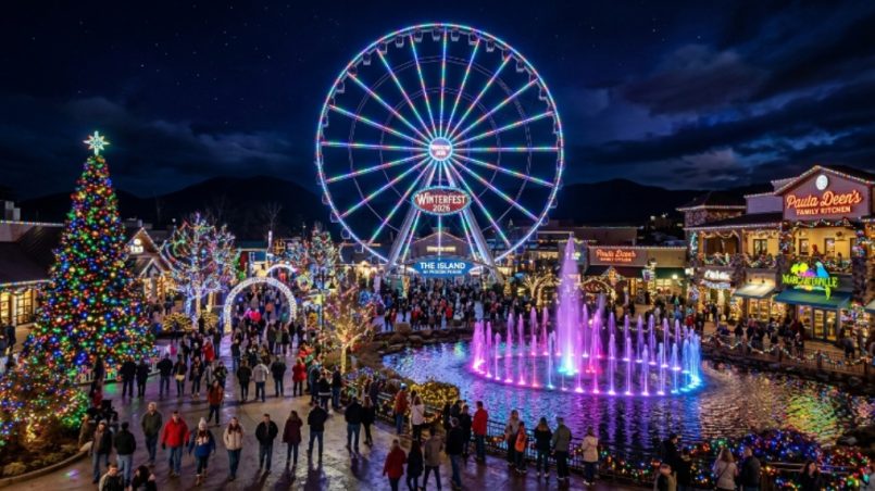 Millions of colorful LED lights illuminating The Island in Pigeon Forge during the 2026 Winterfest celebration at night