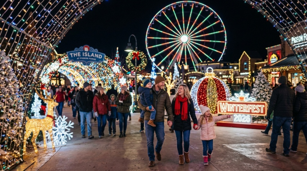 Families walking through festive holiday light displays at The Island in Pigeon Forge, Tennessee, during Winterfest 2026