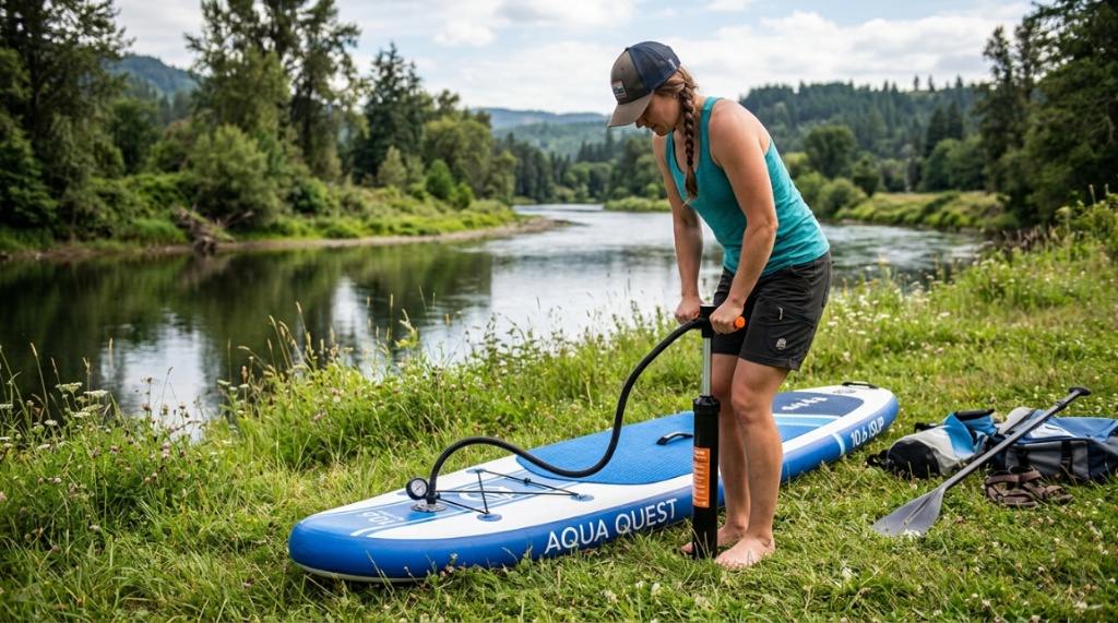 Person using a hand pump to inflate a paddle board outdoors.
