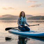 Beginner paddling a wide inflatable SUP on a calm lake at sunrise.