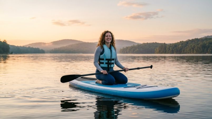 Beginner paddling a wide inflatable SUP on a calm lake at sunrise.