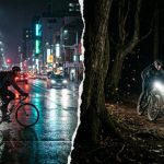Cyclist riding on an urban city street and a dark off-road trail.
