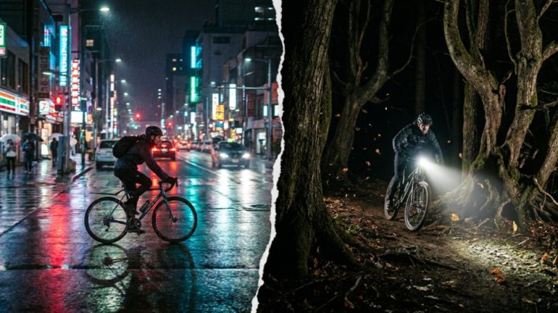 Cyclist riding on an urban city street and a dark off-road trail.