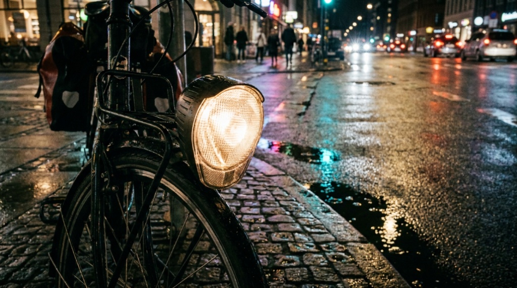 Wide-beam bicycle headlight illuminating a wet city street at night.
