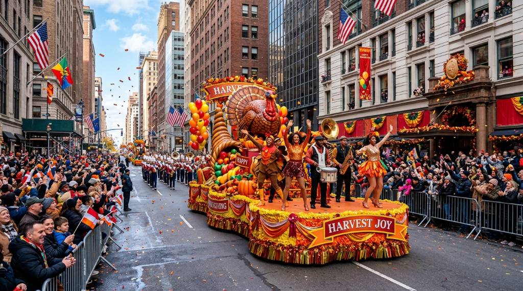 Colorful Thanksgiving parade float with performers traveling down a downtown city street lined with cheering spectators
