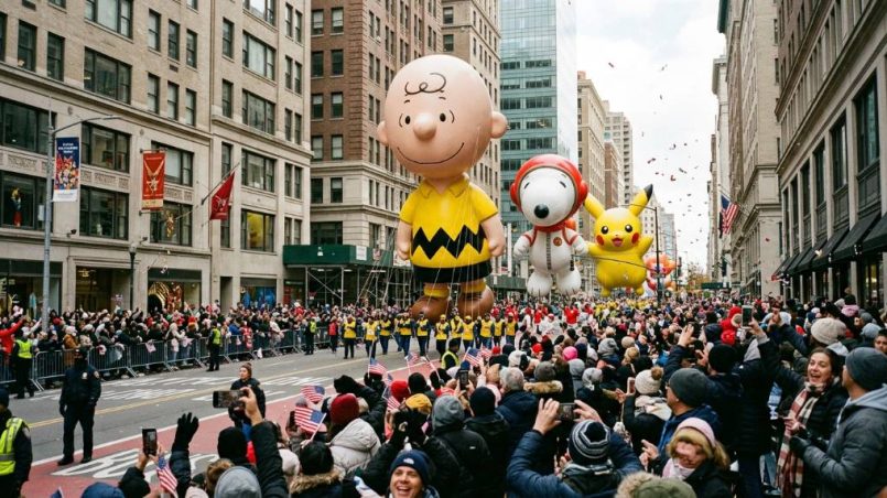 Crowds lining the streets of New York City to watch the Macy's Thanksgiving Day Parade with giant character balloons floating above