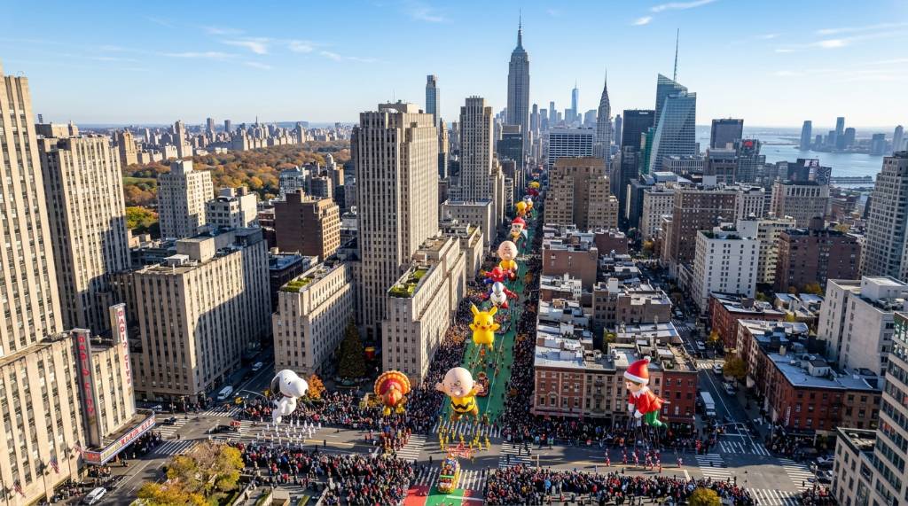 Aerial view of the Thanksgiving Day Parade route through midtown Manhattan on a clear November morning